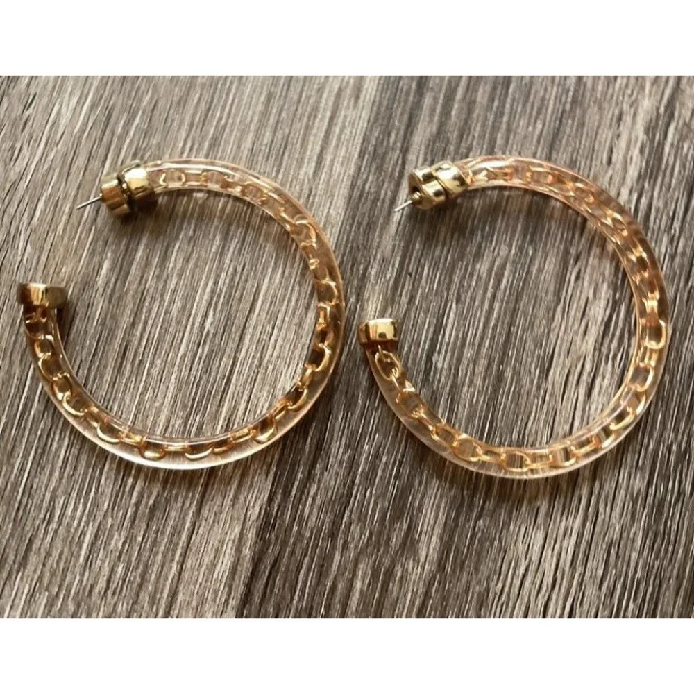 Vintage 80’s Largo Gold Tone Hoop Dangle Earrings Poured Lucite Statement Sz 3”
